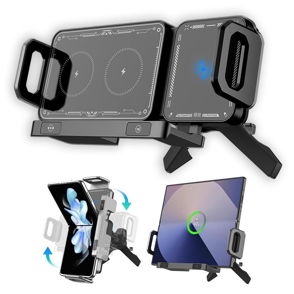 Famous Tech Shop Wireless Car Charger Mount 15W Fast Charging Phone Holder with Auto Rotation, Dual Mount Dashboard and Windshield Car Phone Holder