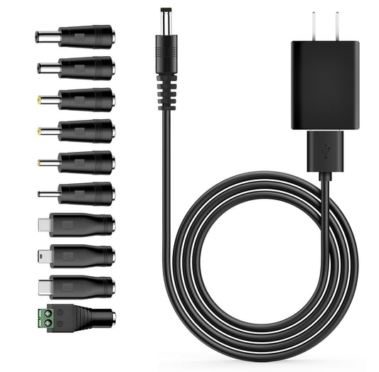 Universal Charger Power Core, 5V USB to DC 5.5x2.1mm, Charging Cable Set with 5V 1A Adapter, 10 Connectors (Micro-USB, Type-C, Mini USB, 2.5x0.7
