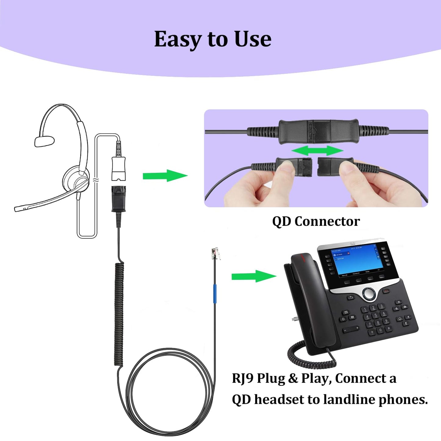 U10 Headset Adapter Cable for Plantronics Quick Disconnect Headsets RJ9 to QD Adapter Coil Cord Compatible with Cisco IP Phones 7841 7942 7821 8841