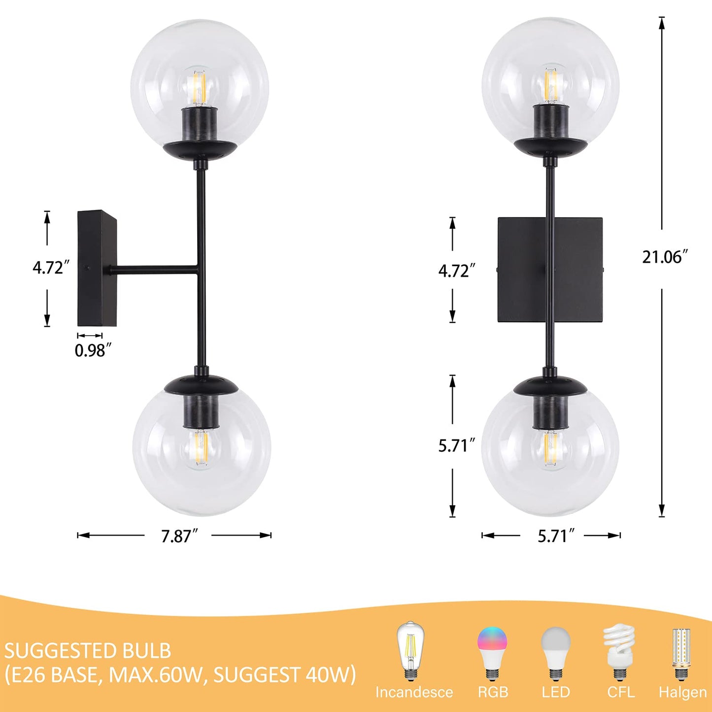 Ynzefly Wall Sconces Black, 2-Lights Mid Century Modern Bathroom Vanity Lights with Clear Glass Globe Shades Industrial Wall Light Fixtures