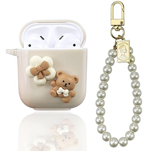 AIIEKZ Cute Kawaii AirPods Case Cover, Lovely Flower Bear Design Smooth Soft Protective Cover for AirPods 1&2 Generation Case with Pearl Chain