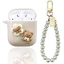AIIEKZ Cute Kawaii AirPods Case Cover, Lovely Flower Bear Design Smooth Soft Protective Cover for AirPods 1&2 Generation Case with Pearl Chain