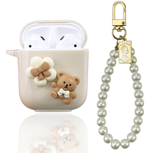 AIIEKZ Cute Kawaii AirPods Case Cover, Lovely Flower Bear Design Smooth Soft Protective Cover for AirPods 1&2 Generation Case with Pearl Chain