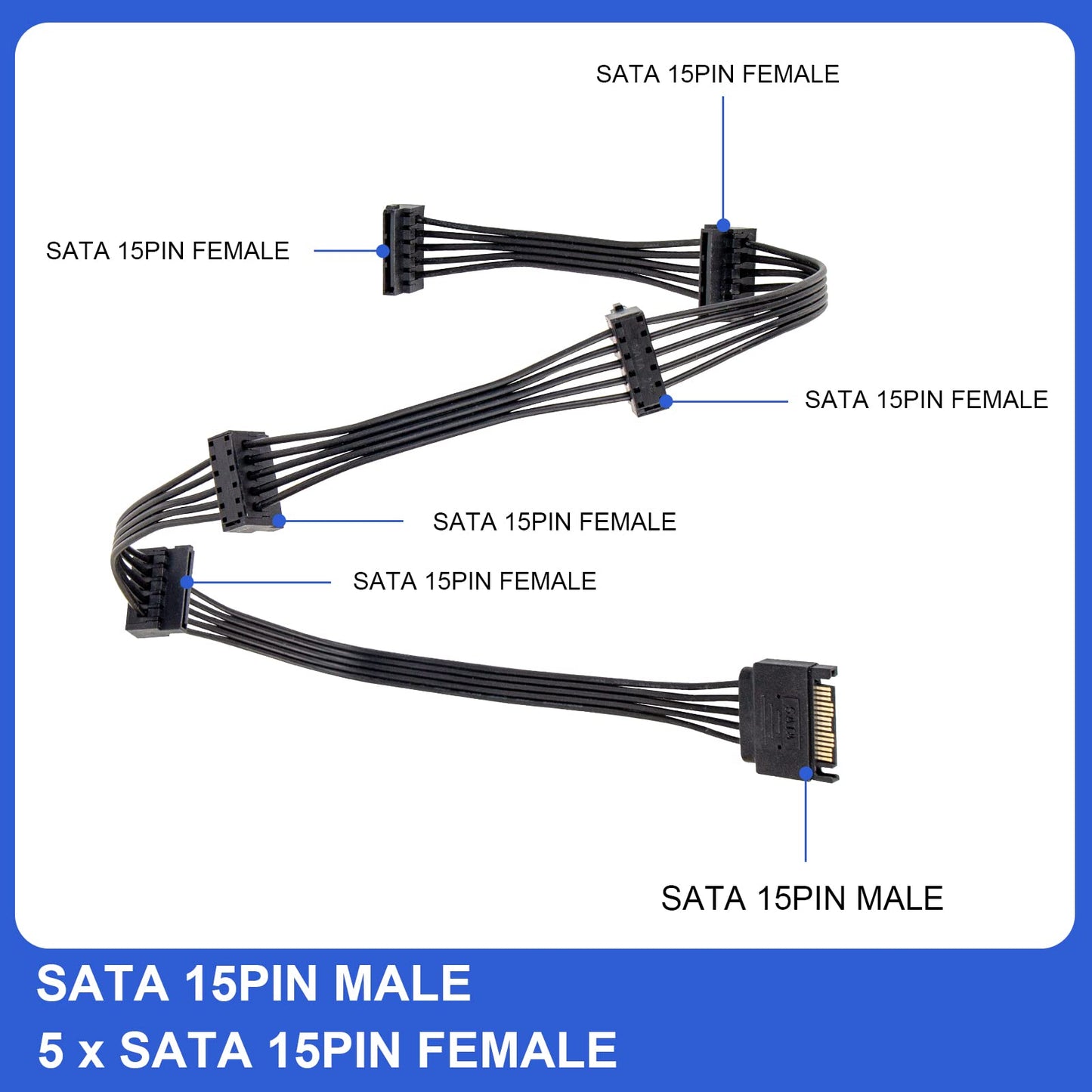 YSIUENG 2-Pack 15Pin SATA to 5 SATA Power Extension Cables Splitter for HDD/SSD - 21 Inches