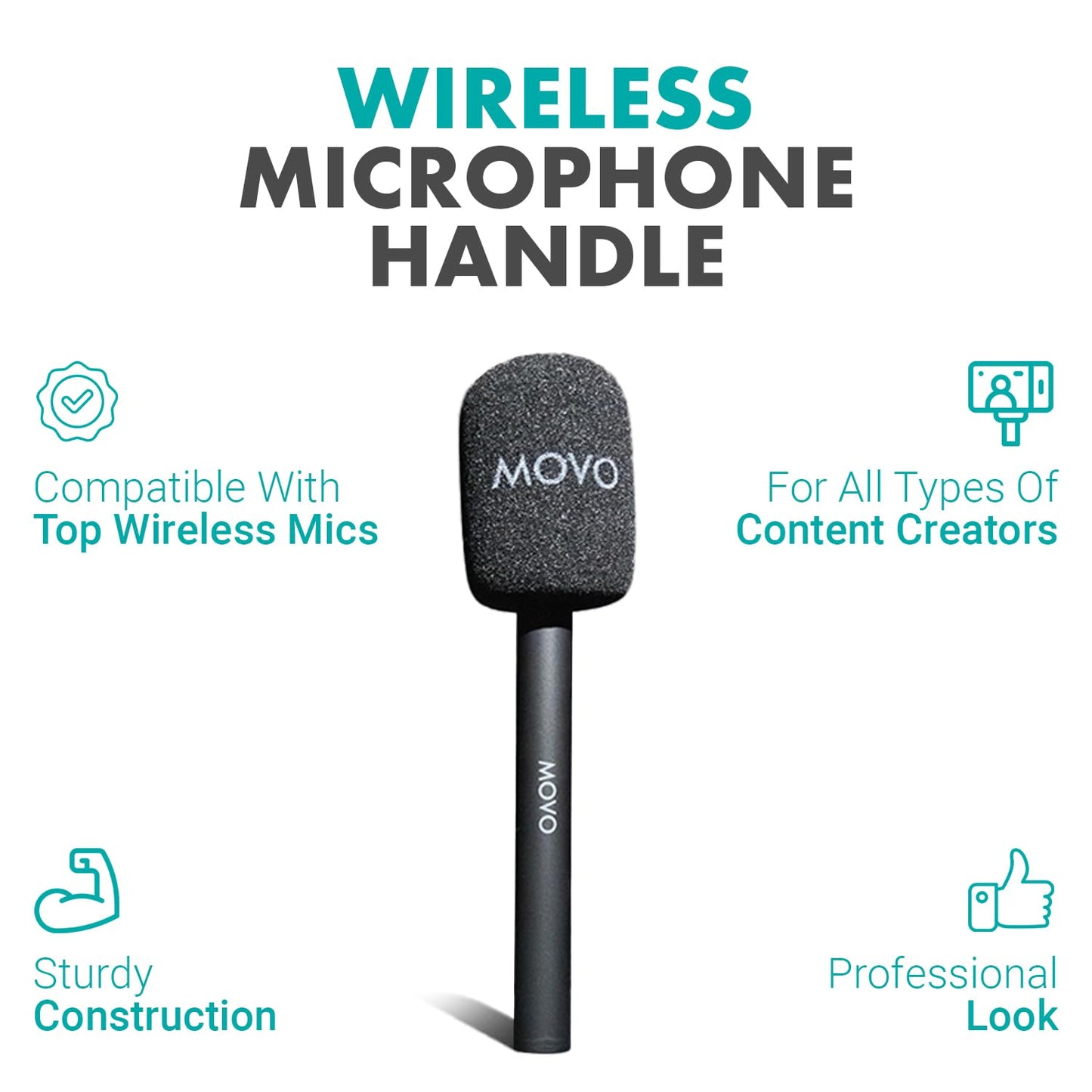 Movo WMX-HM Mic Handle for DJI Mic, Rode Wireless GO, Hollyland Lark, and More - Wireless Interview Microphone Handle - Wireless Lav Mic Adapter for