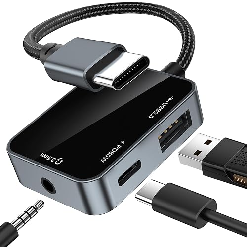 USB C to 3.5mm Audio Adapter 3-in-1 USB-C Headphone Adapter with USB OTG Data Port & 60W PD Charging, Type-C Aux to 3.5mm Converter Compatible