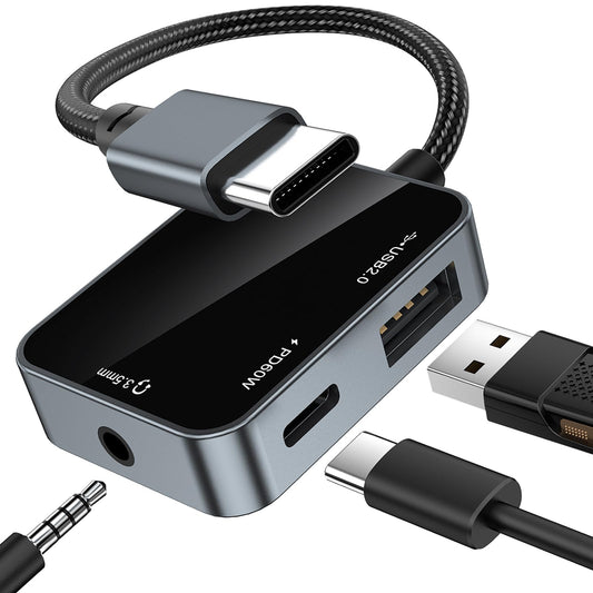 USB C to 3.5mm Audio Adapter 3-in-1 USB-C Headphone Adapter with USB OTG Data Port & 60W PD Charging, Type-C Aux to 3.5mm Converter Compatible