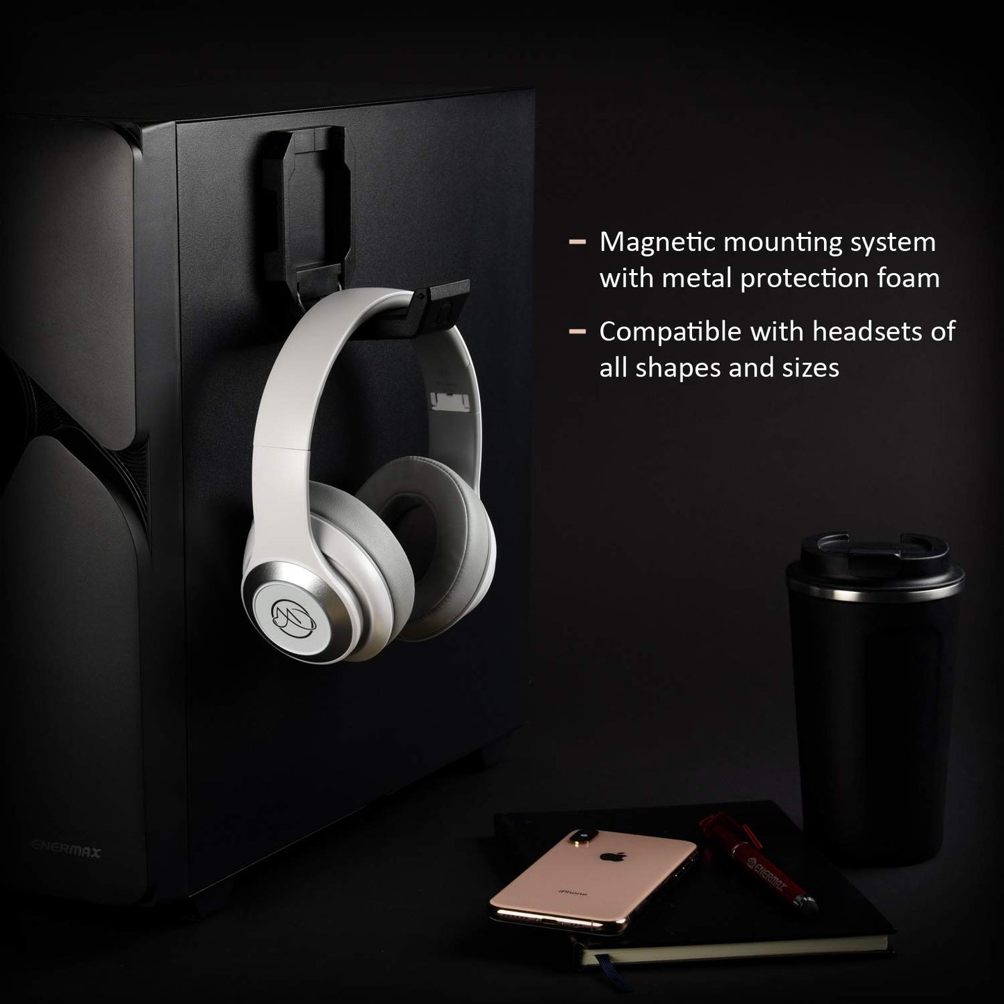 Enermax Magnetic Mounting Headset Holder with Metal Protection Foam, Provides up to 1 kg/2.2 lbs, Compatible with Computer/Gaming Headsets, Headphone