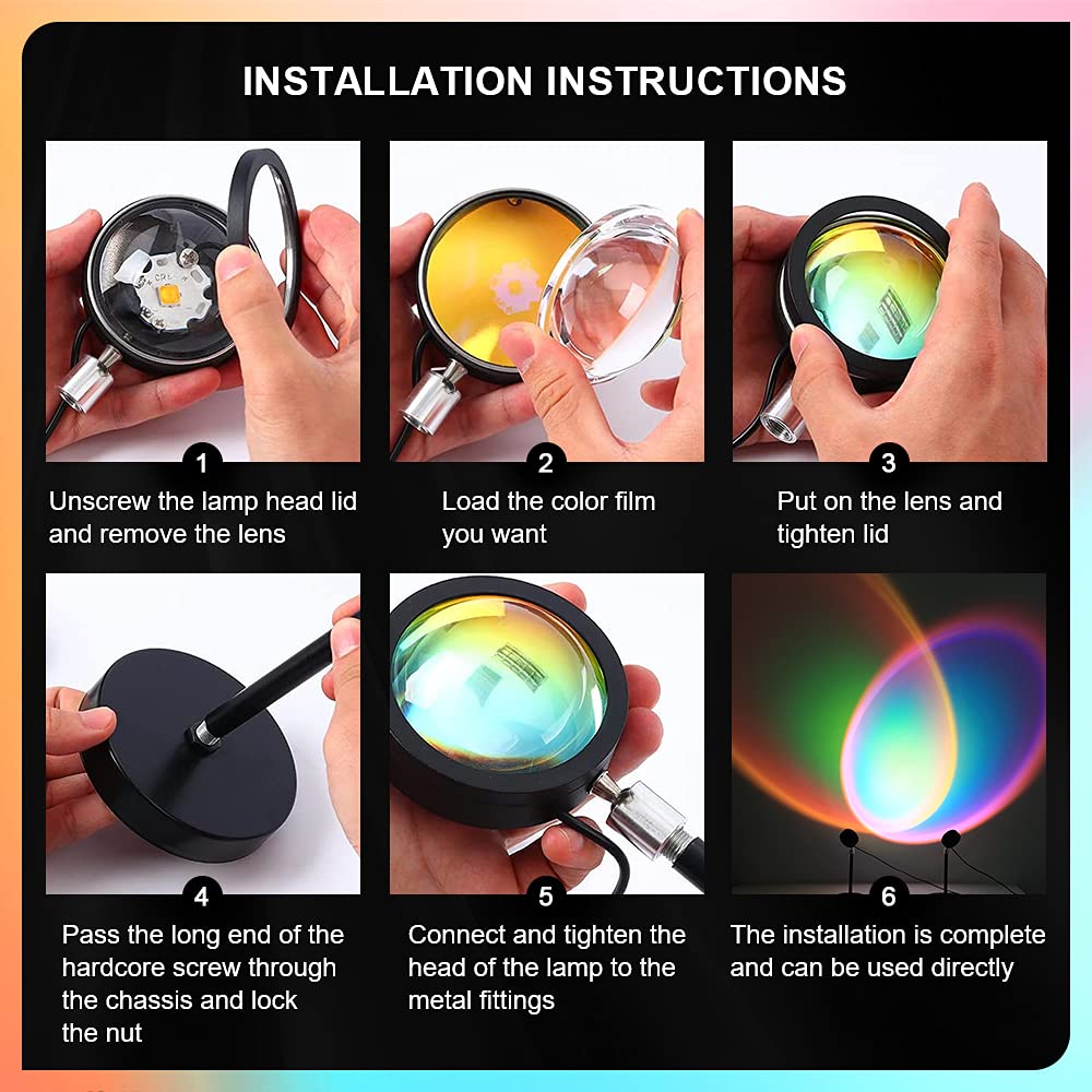 Sunset Lamp, 360° Rotation Sunset Projector Light, 6 Colors Rainbow Projection Night Light, USB LED Atmosphere Lamp for Selfie, Photography, Bedroom