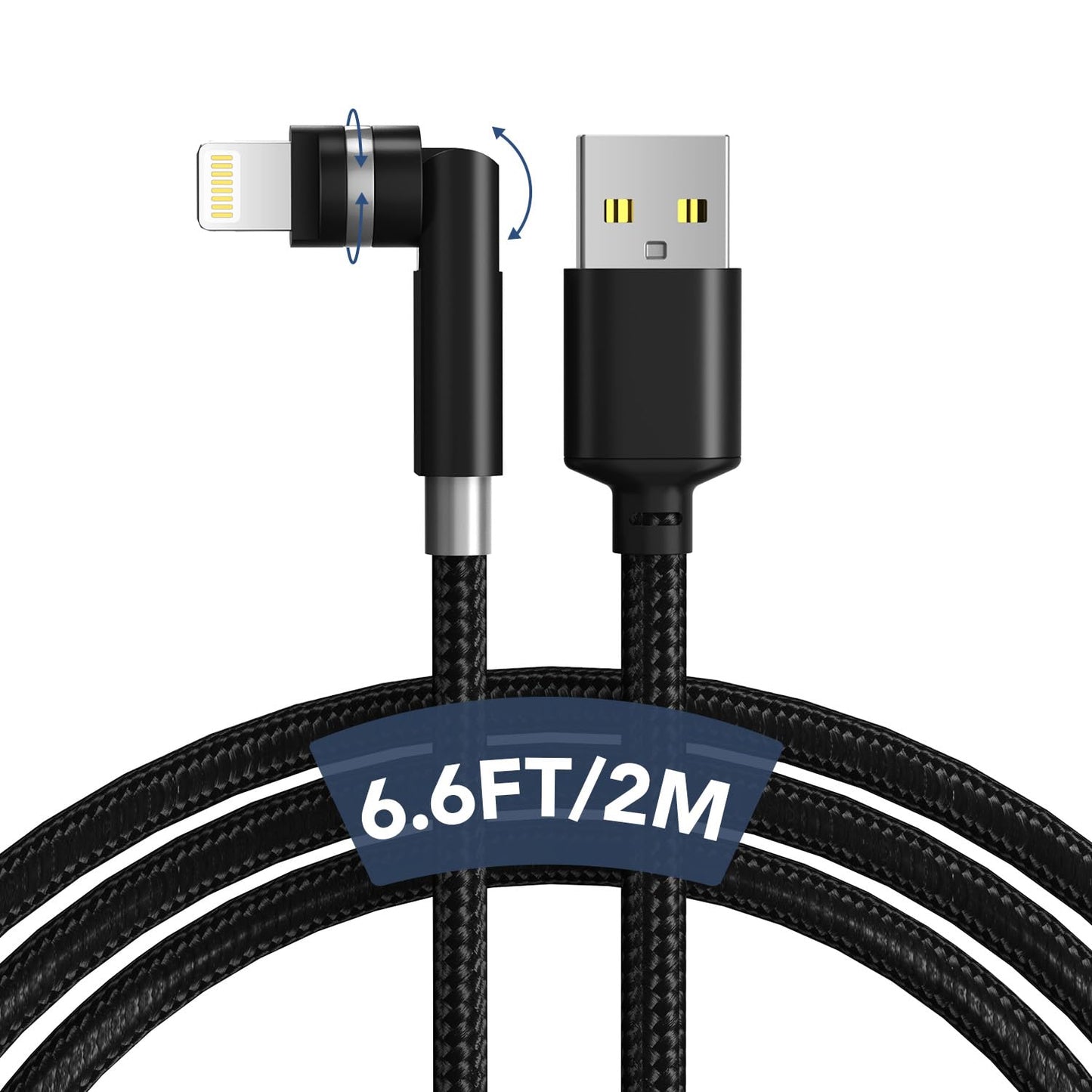 90 Degree Lightning Cable with 360 Rotating Head - 6.6FT MFi Right Angle Nylon Braided iPhone Charger Cord with 2.4A Fast Charge, Data Sync, CarPlay…