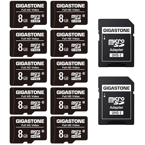 GIGASTONE 8GB Micro SD Card 10-Pack, Full HD Video, Surveillance Security Cam Action Camera Drone, 80MB/s Micro SDHC Class 10