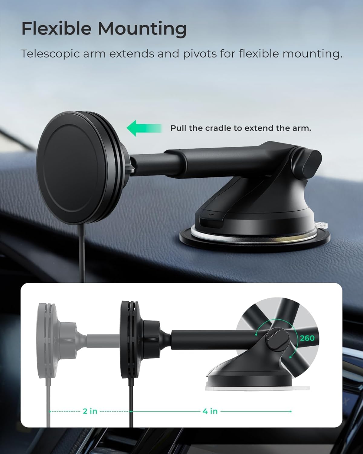 iOttie Velox Qi2 Mini 15W Wireless Charger Car Mount - Dash & Windshield Car Phone Holder - MagSafe Compatible iPhone Mount for Qi2 Smartphones
