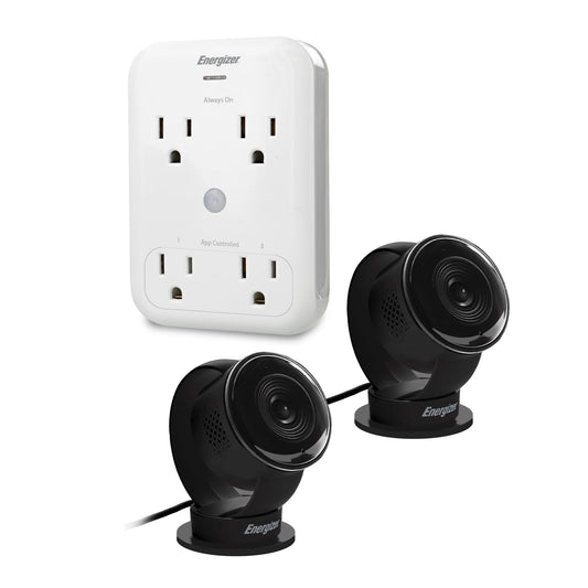 Energizer Smart Wi-Fi Indoor Camera 2-Pack with Smart Wall Tap Outlets, 1080P, Cloud/Micro-SD Card Recording, 2-Way Audio, Night Vision, Remote