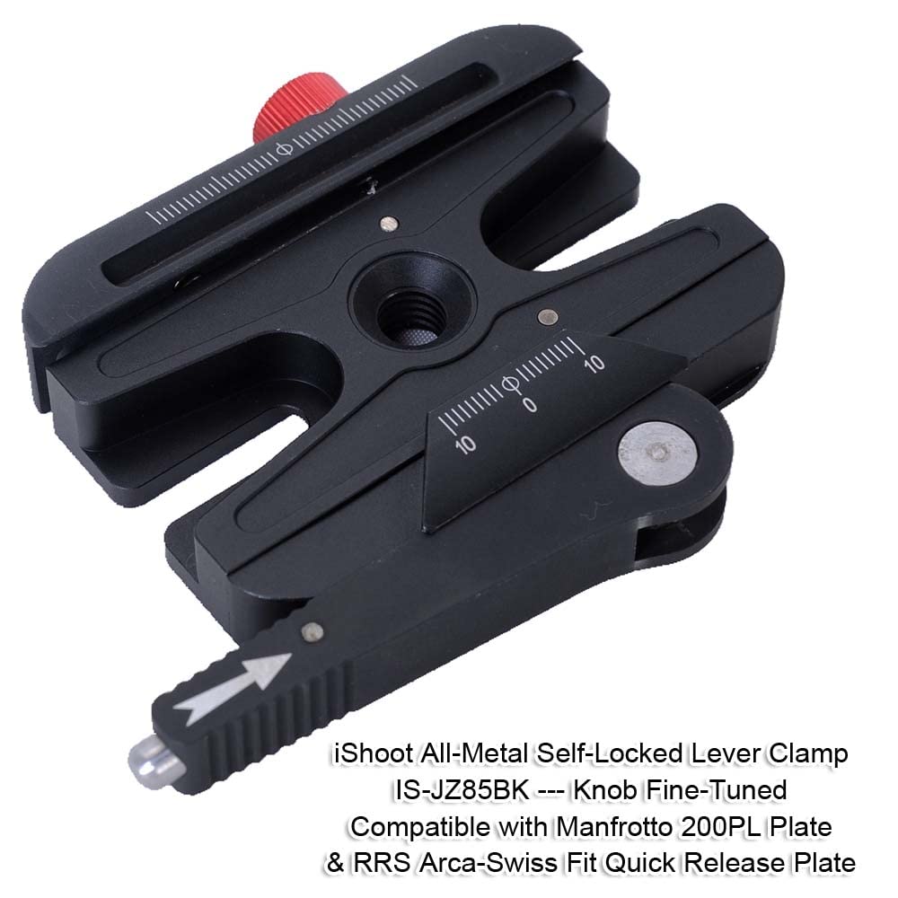 iShoot All-Metal Quick Self-Locked Long Lever Clamp Converter Adapter with Knob Fine-Tuned, Compatible with Manfrotto 200PL Plate & Arca-Swiss Fit