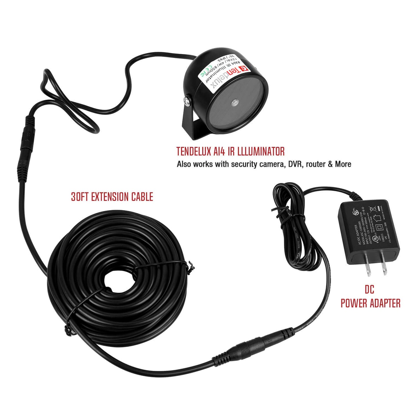 Tendelux 30ft DC 12V Power Extension Cable, 5V to 24V DC/AC Extension Cord for CCTV Security Camera, IR Illuminator & More