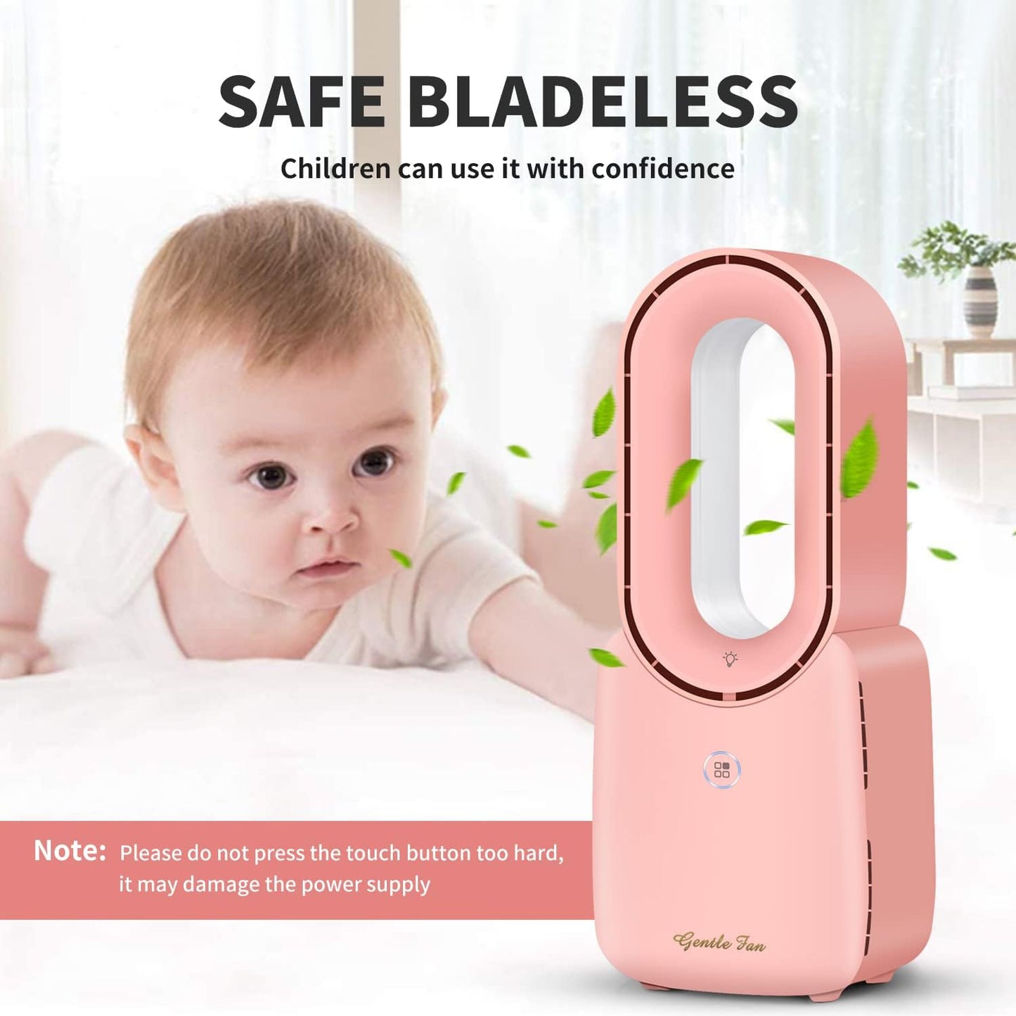 Misby Rechargeable Bladeless Desk Fan, 11.8 Inch with 5-Color LED Light, Small Quiet Table Fan for Bedroom Home Office Desk, Pink