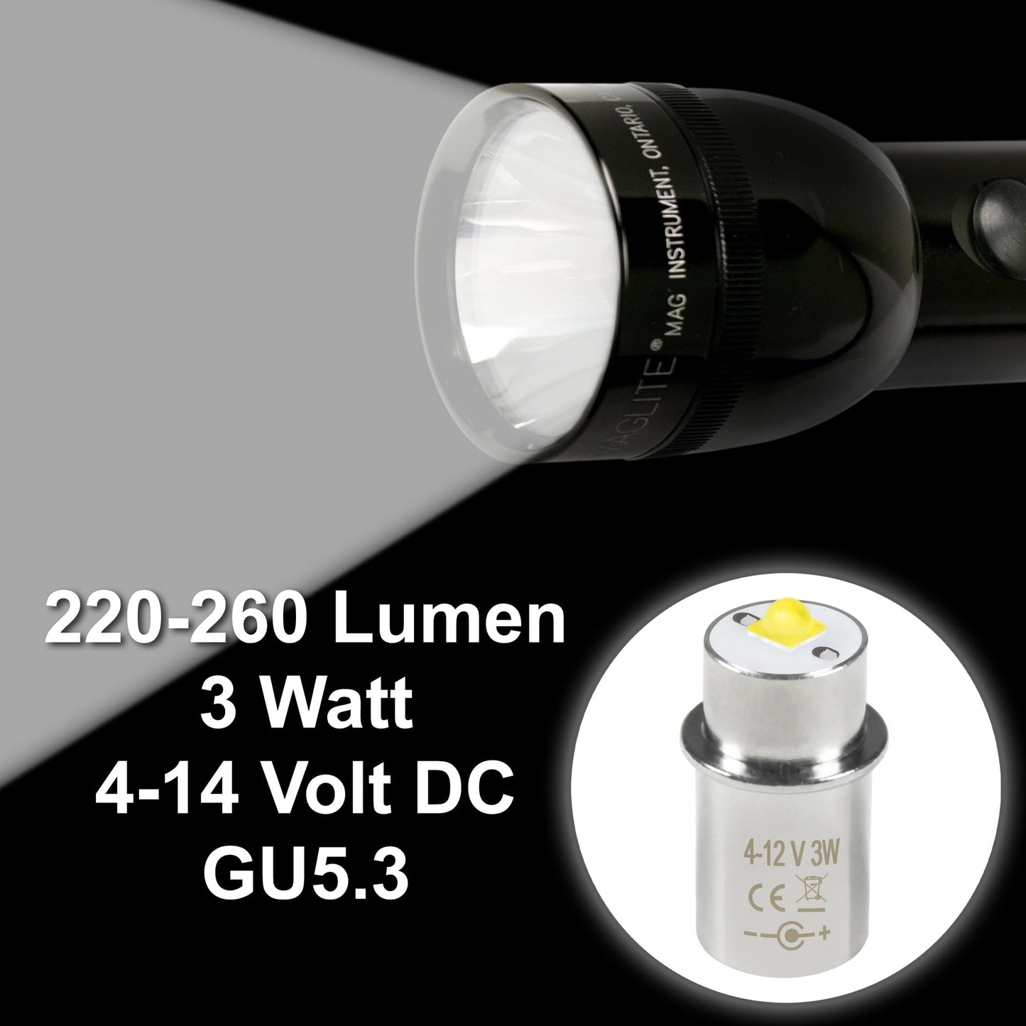 HQRP 3W MagLight LED Bulb Upgrade, DC 4-12V Flashlight Replacement for Mag lite White Star Krypton Bulb, 260LM, Cool White 6000K