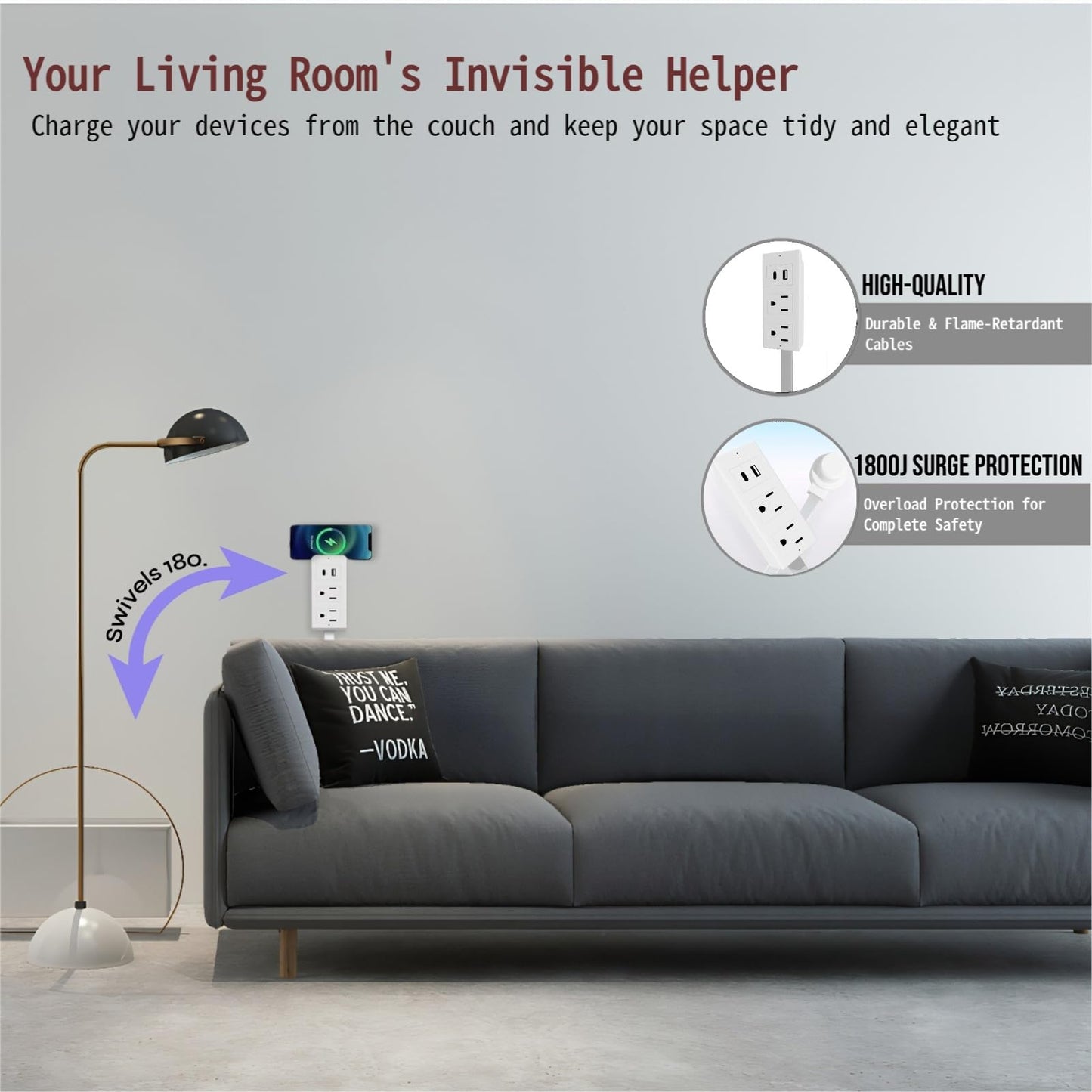 Extendable Power Strip with USB-A & USB-C, 2 Outlet Plug Extender with 180° Rotatable Plug, 22-27 Inch Retractable Outlet Extender Cord