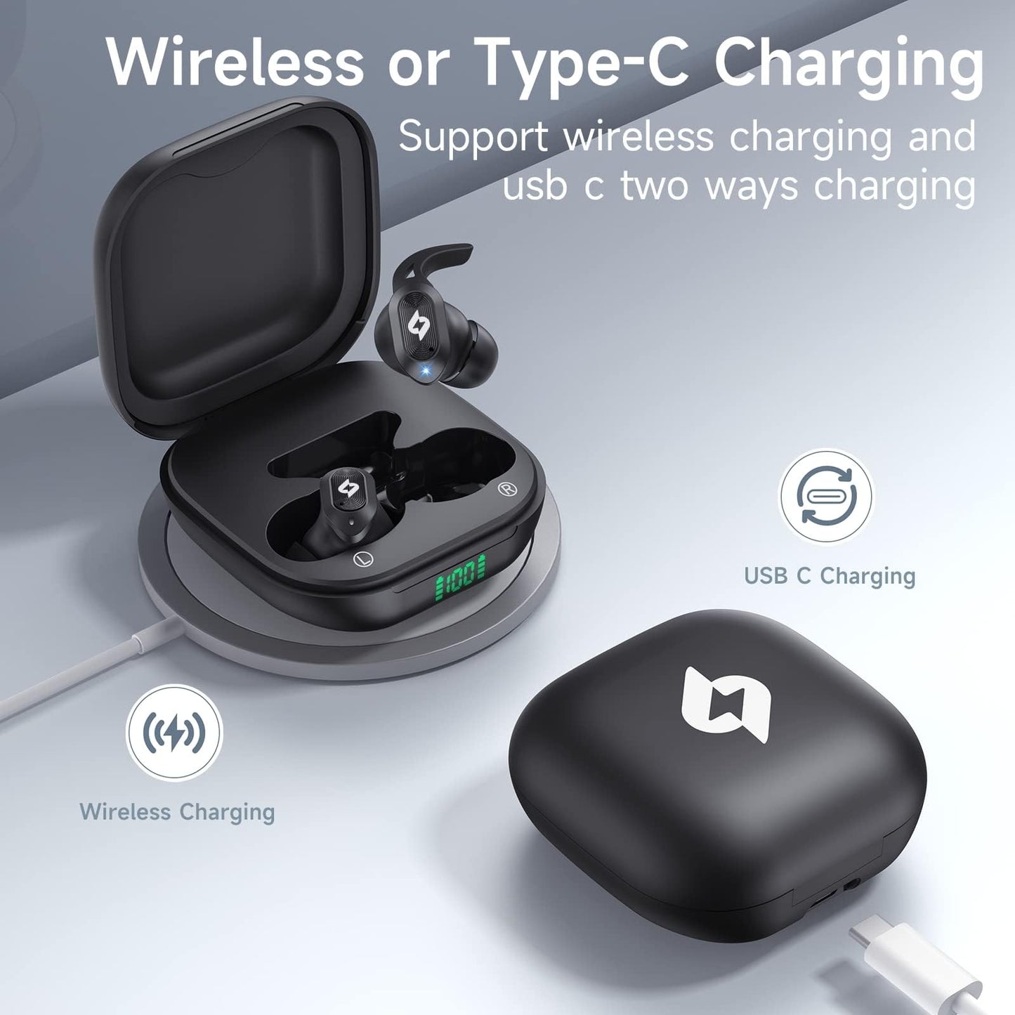 Wireless Headphones Bluetooth Earbuds with Wireless Charging Case 32H Playback LED Display in Ear Earphones Waterproof Ear buds Built in Mic Stereo…