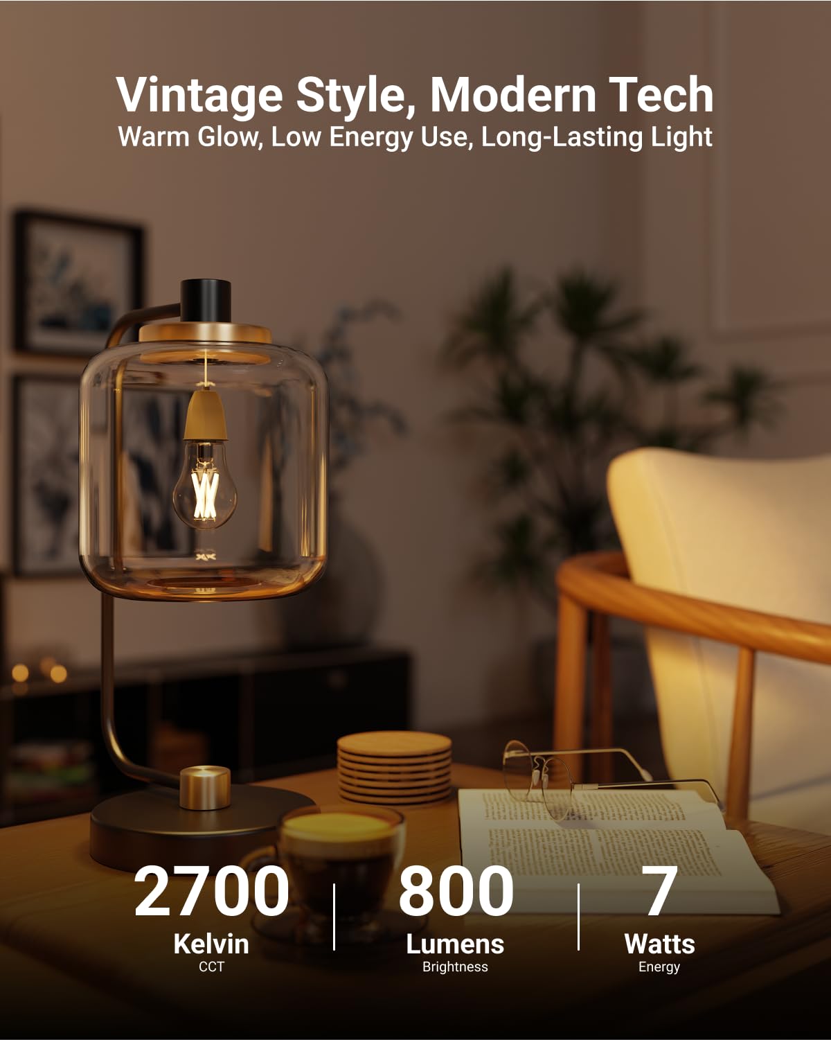 Sunco A15 Filament LED Light Bulbs, E26, 7W=60W, Dimmable, 2700K, 6-Pack