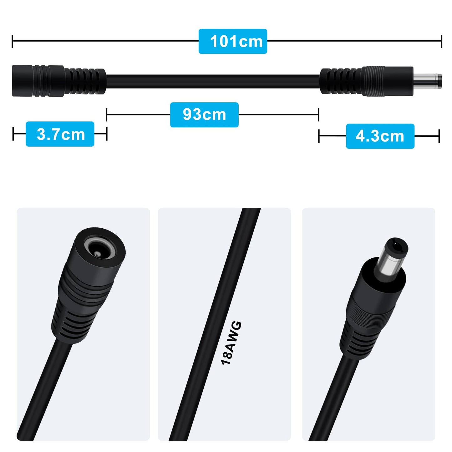 YINGAYOU DC Power Extension Cable 5.5mmx2.1mm 18AWG DC Cable Male to Female 5V 6V 9V 12V 24V 3A for Security Cameras, DVR, Router, Printer, LED Strip