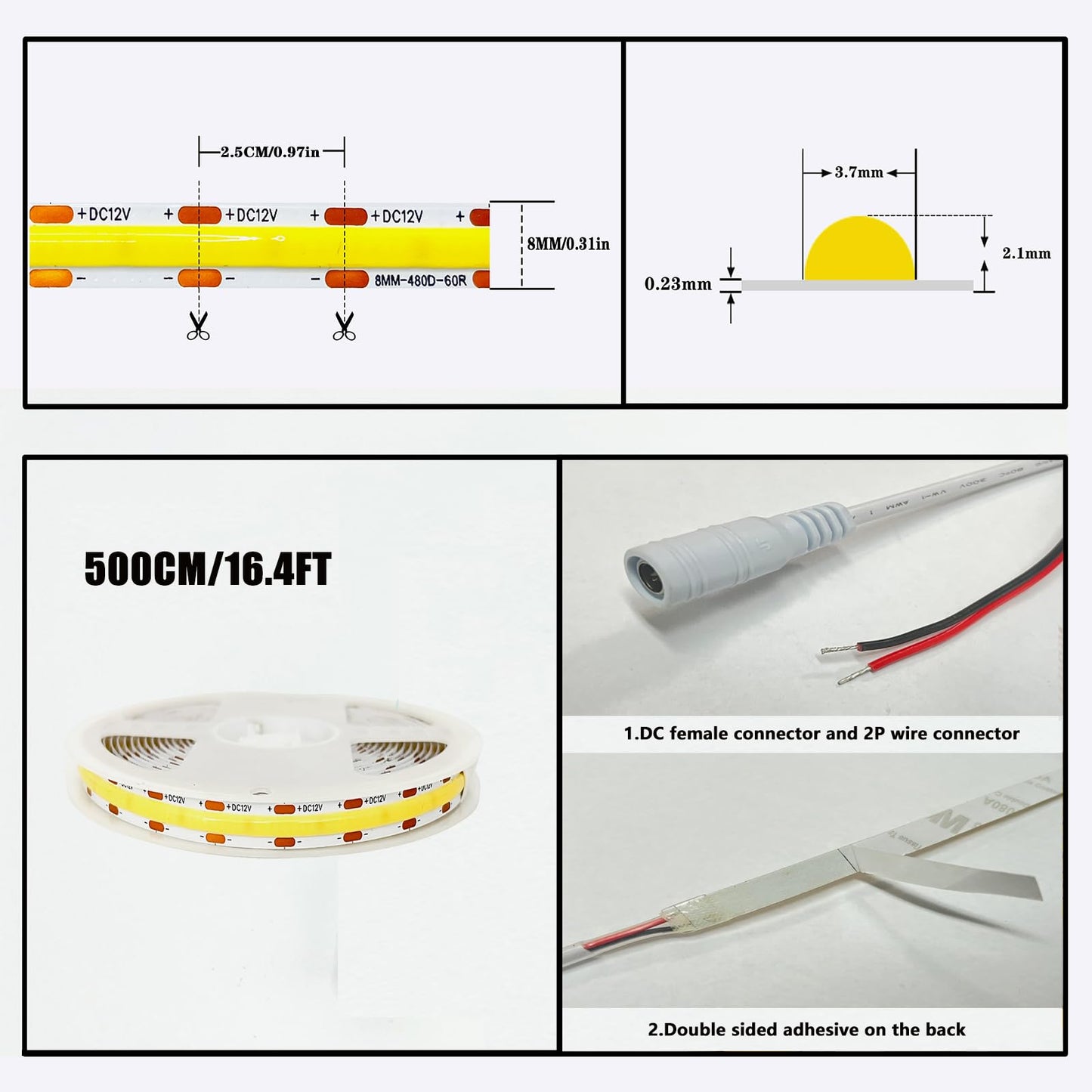 PISIN 12V COB LED Strip Light White 6000K IP20 Uniform Light Emitting 480LEDs/M 16.4FT/5M CRI90 Flexible Can be Cropped LED Light Strip Cabinet Home