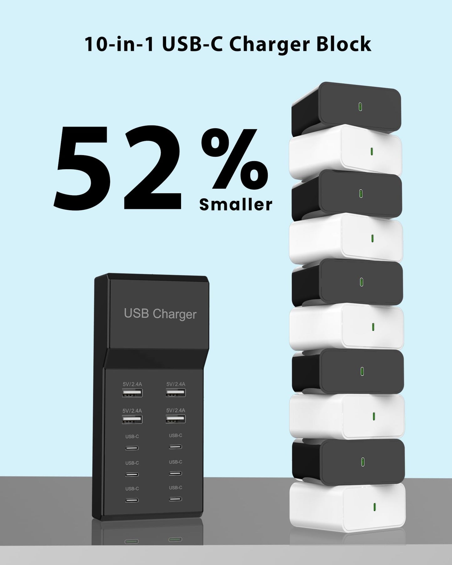 USB C Charger Block 10-Port USB-C Charging Station 6 USBC Ports & 4 USB-A Ports Total 50W USB Power Strip for Multi Devices for iPhone 16 17 15 14 13