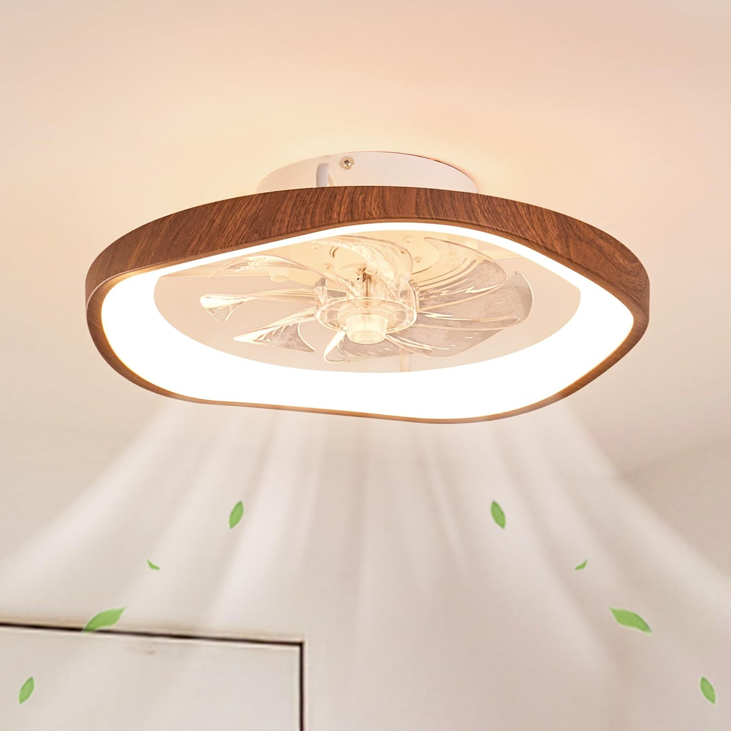 HSMKL 20? Low Profile Ceiling Fan with Lights, Farmhouse Retro Walnut Wood Grain Ceiling Fan Light, Bladeless Dimmable LED Chandelier Fans for Bedroom