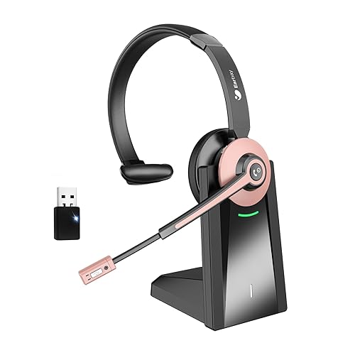 Wireless Headset with Mic for Work, Bluetooth Headset with Noise Cancelling Mic & USB Dongle for Meeting, Single Ear Work Headset with Charging Base