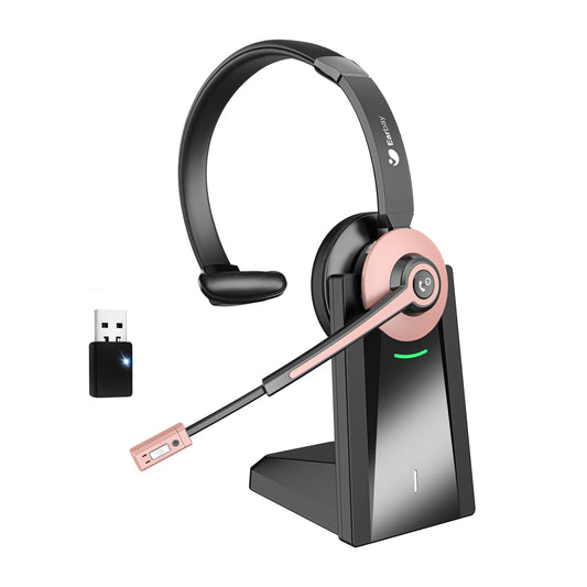 Wireless Headset with Mic for Work, Bluetooth Headset with Noise Cancelling Mic & USB Dongle for Meeting, Single Ear Work Headset with Charging Base