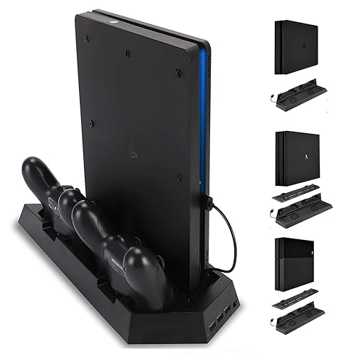 Charging Station Stand with Cooling Fan for PlayStation 4/PS4 Slim/PS4 Pro, 3 in 1 PS4 Vertical Stand with Dual PS4 Dualshock Controller Charger Port