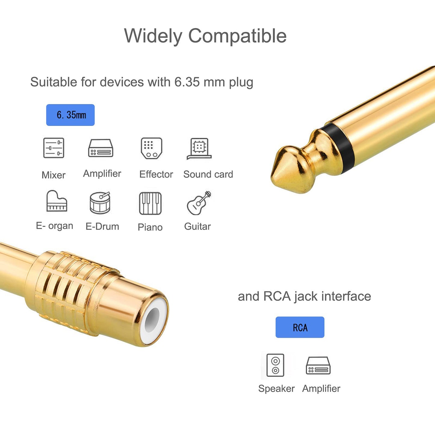 Borsuer RCA to 1/4, 2Pcs RCA to 1/4" Adapter Female to 6.35mm 1/4 inch Male Mono TS Audio Adaptors Gold Plated Copper