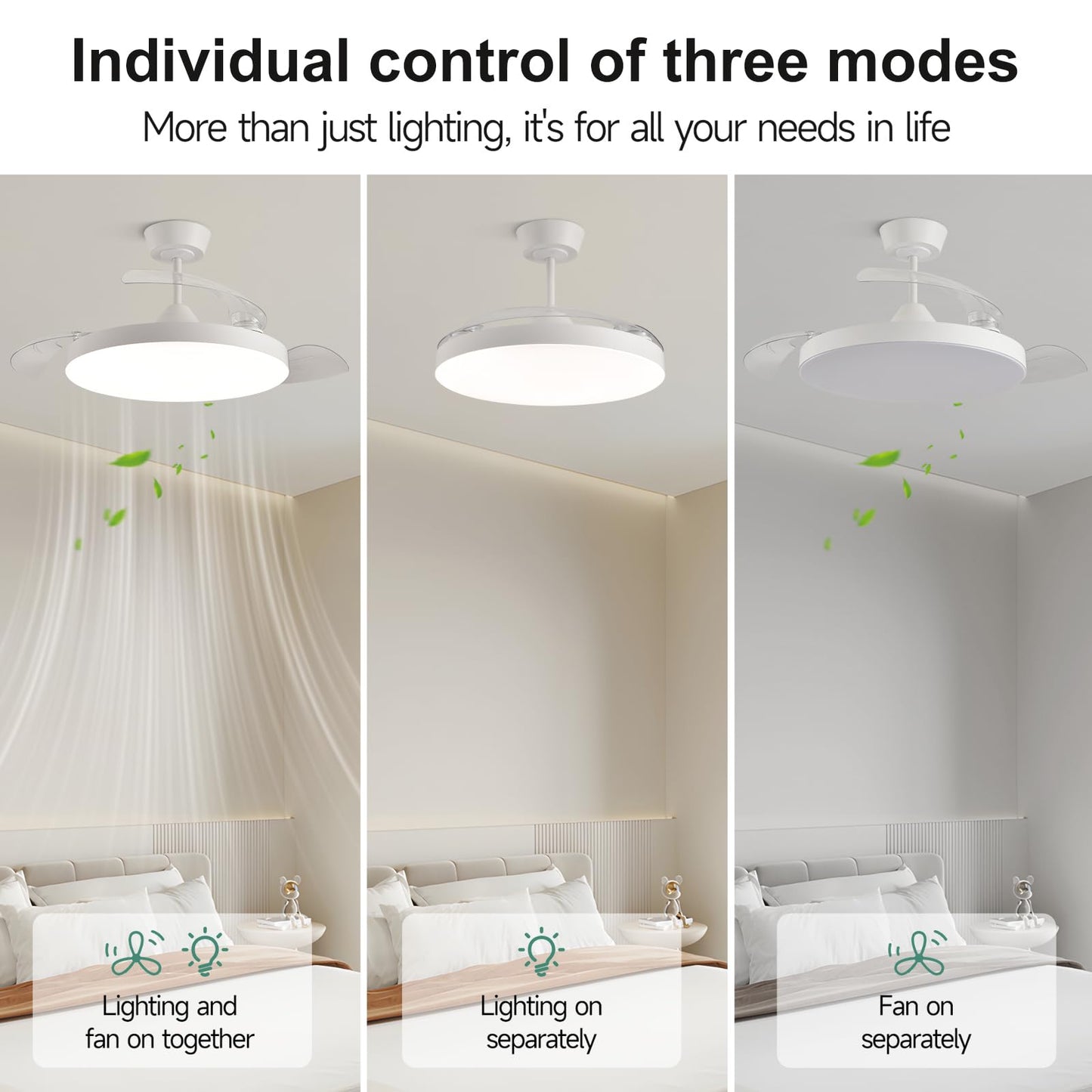Homlit 42 Inch Retractable Ceiling Fan, Low Profile Flush Mount Ceiling Fan with Remote/App Control, 3 Retractable PC Blades Dimmable LED, 6-Speed