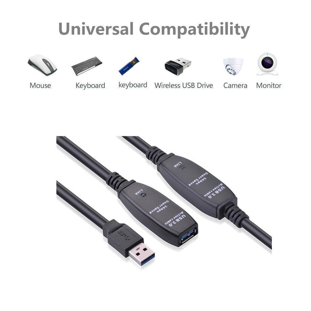 TECHTOO USB Extension Cable 16 Feet (5 Meter) USB 3.0 Active Cable Repeater Type A Male to A Female with Built-in Signal Booster Chips