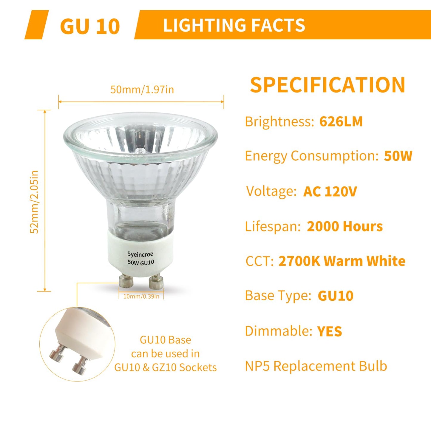 Syeincroe GU10 50W Halogen Bulbs 6-Pack, Dimmable 120V, High CRI 100, 2700K Warm White for Track, Recessed & Accent Lighting