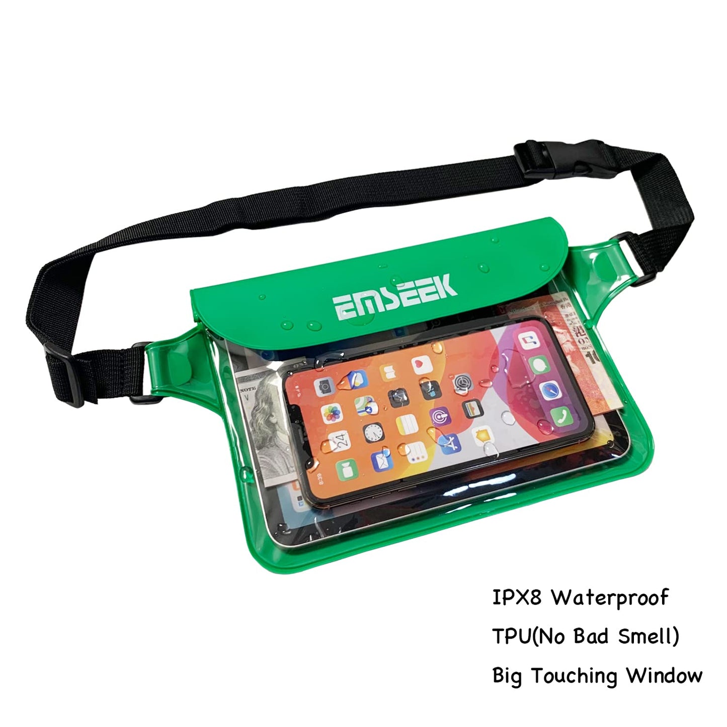 EMSEEK Waterproof Waist Pouch Dry Belt Bag Fanny Pack Keep Your Key Fob Wallet Kindle Phone Dry Perfect For Swim Surf Snorkel(Green)