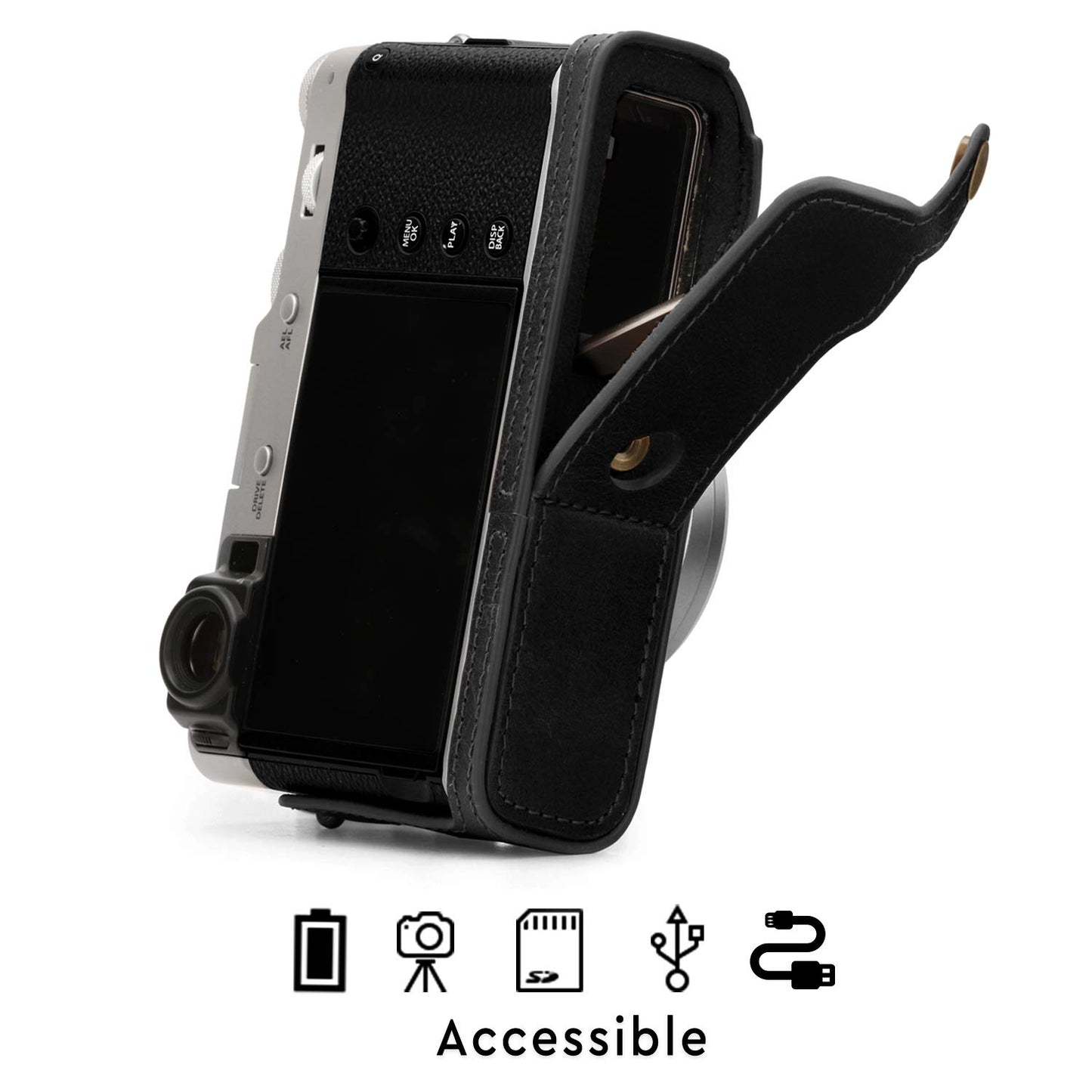 MegaGear MG1894 Ever Ready Genuine Leather Camera Half Case Compatible with Fujifilm X100V - Black