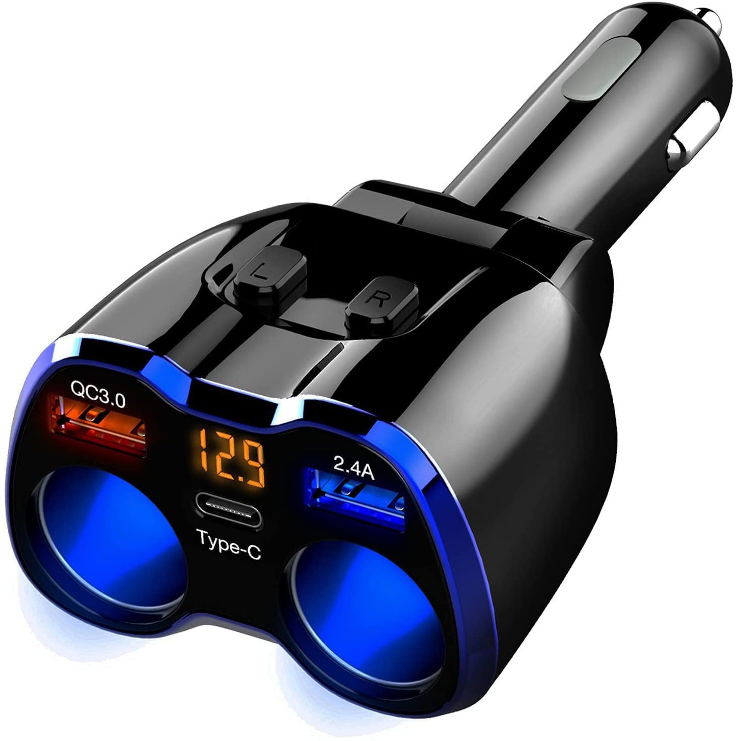Car Charger, 150W 2-Socket Cigarette Lighter Splitter QC 3.0 Dual USB Ports 1 USB C Fast Car Adapter with Separate Switch LED Voltmeter Replaceable