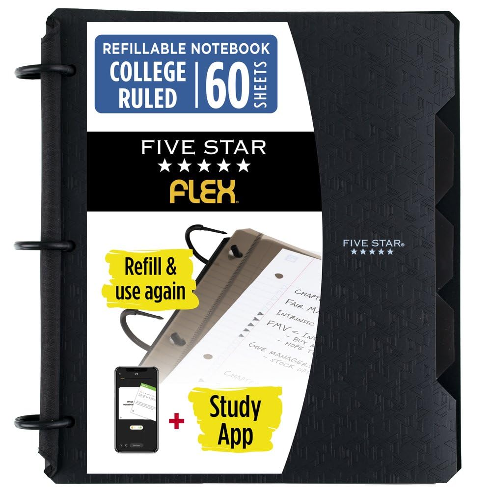 Five Star Flex Refillable Notebook + Study App, College Ruled Paper and 1 Inch TechLock Ring Binder with Pockets, Tabs and Dividers, 200 Sheet