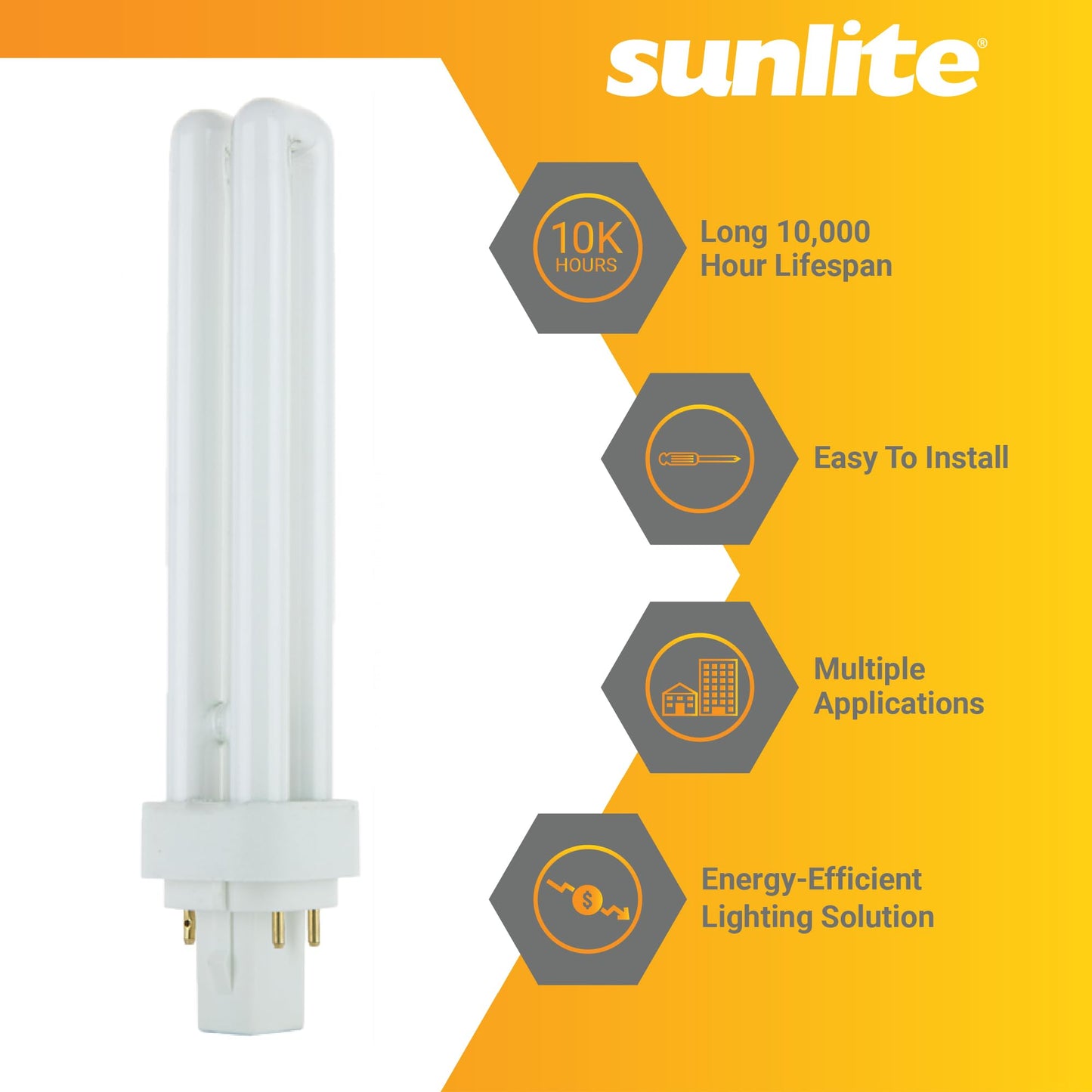 Sunlite PLD13/E/SP27K Compact Fluorescent PLD 4-Pin Double U-Shaped Twin Tube, 13 Watts, 120 Volts, 780 Lumens, 2700K Soft White, 4-Pin G24q1 Base, 10