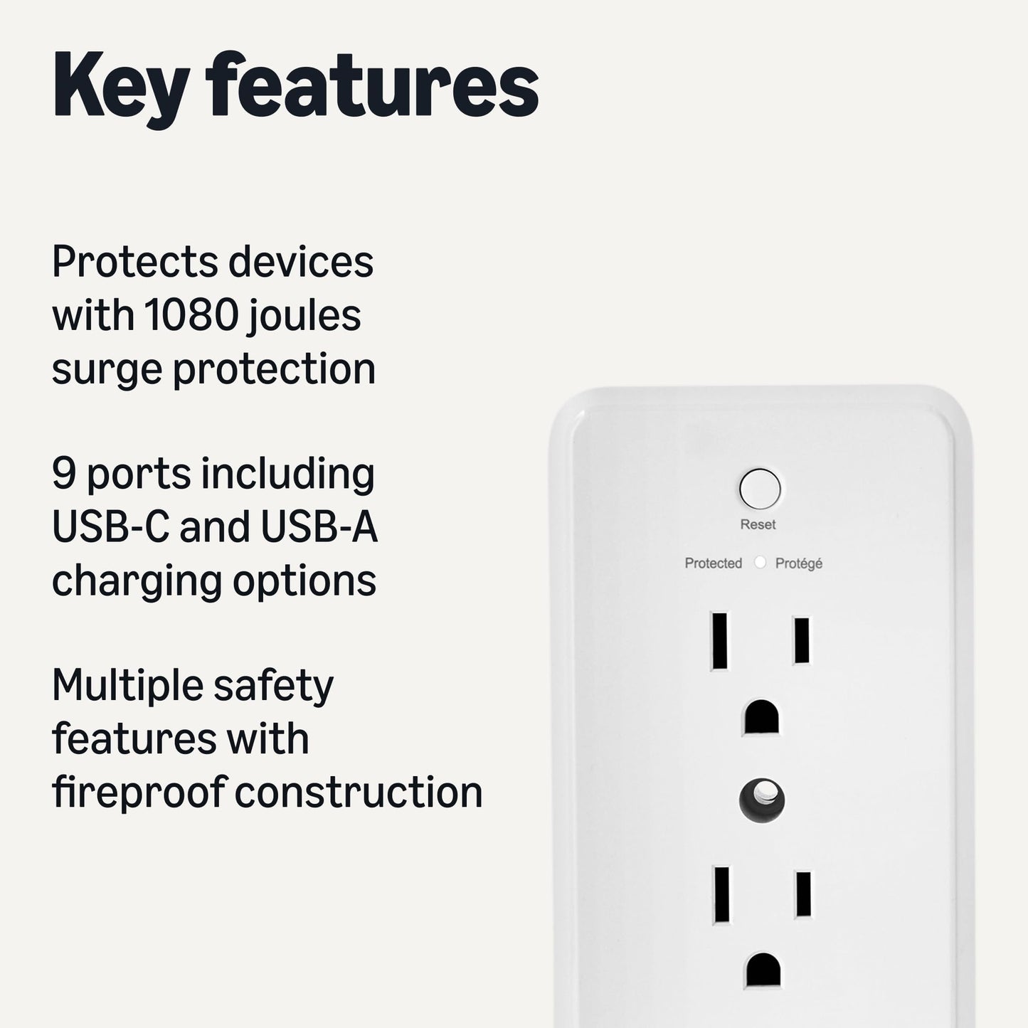 Amazon Basics Wall Mount Surge Protector Power Strip with 9-in-1 Hub, 1080 Joules, 6 AC Outlets, 1 USB-A and 2 USB-C (20W Fast Charging), White