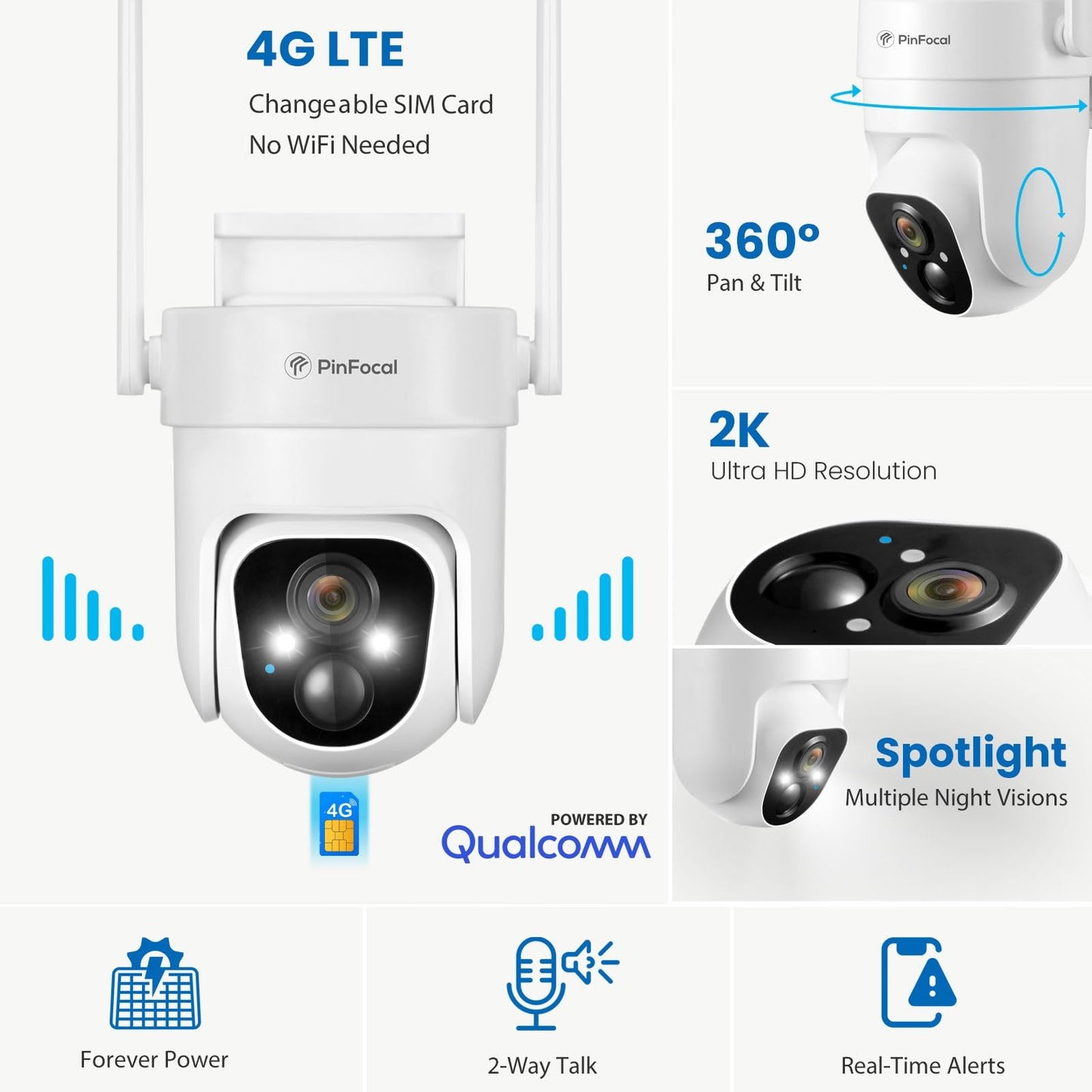 PinFocal 4G LTE Cellular Security Camera Wireless Outdoor, No WiFi Needed, 2K Color Night Vision, 360° View Pan/Tilt, 2 Way Talk, PIR Motion Sensor