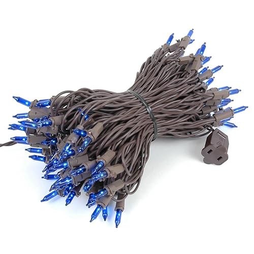 Novelty Lights 50 Feet 100 Bulbs Traditional Incandescent Mini Lights, Blue on Brown Wire with 6" Spacing, Commercial Grade and UL Listed