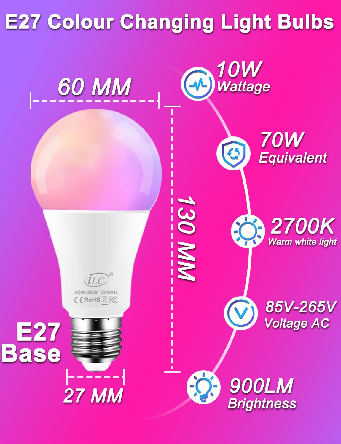 ILC Color Changing LED Light Bulbs, 70W Equivalent, 2700K Warm White A19 E26 Screw Edison Base RGBW Dimmable - 12 Color Choices - Timing Infrared