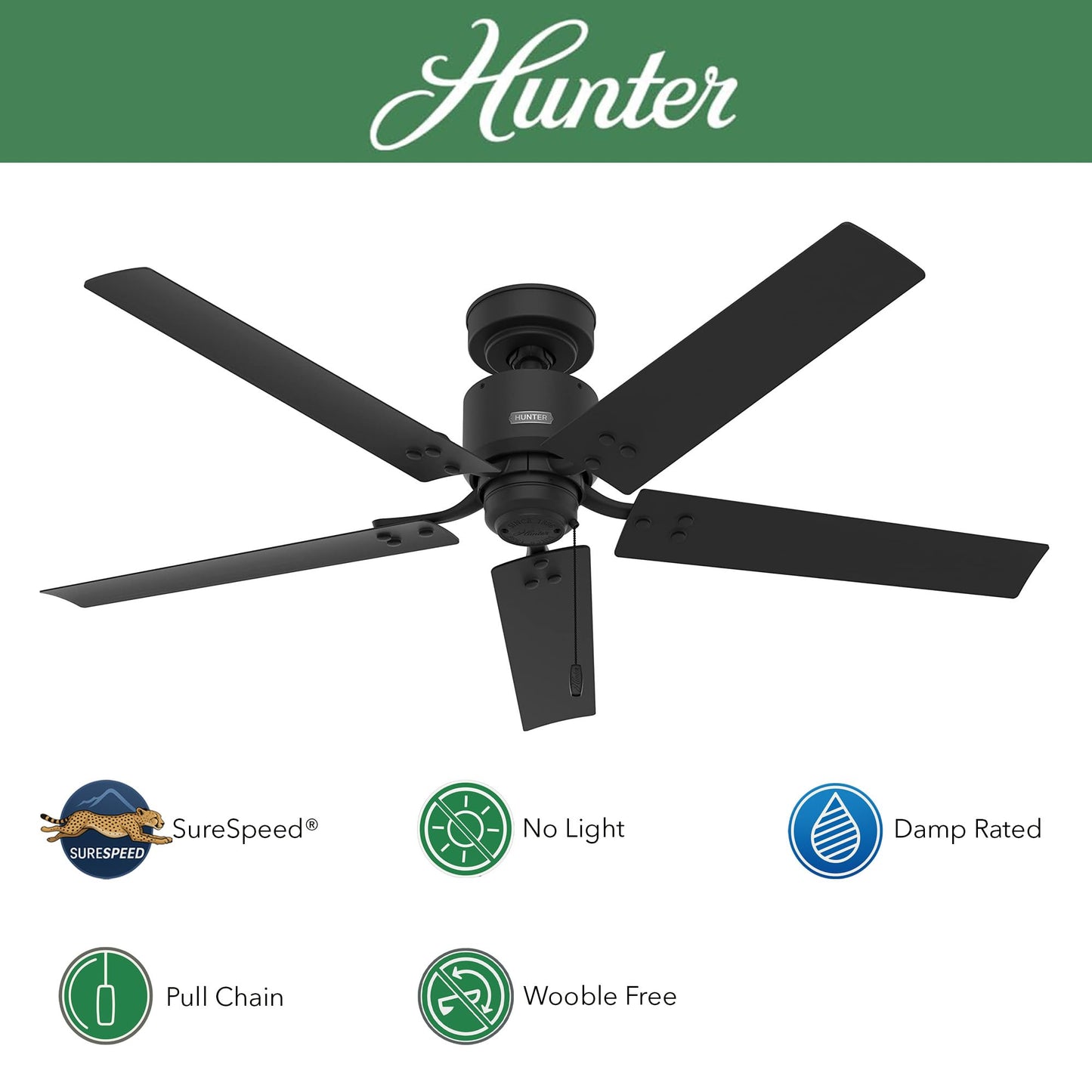 Hunter Fan 52 inch Casual Matte Black Indoor/Outdoor Ceiling Fan with 5 Blades and Pull Chain (Renewed)