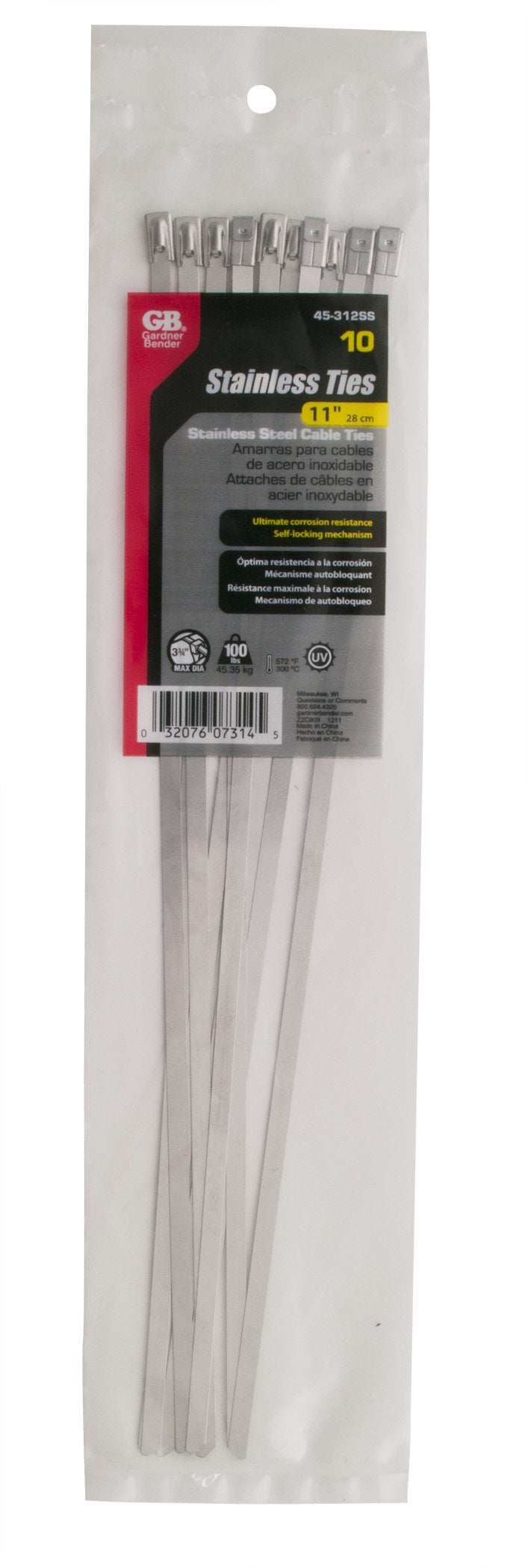 Gardner Bender 45-312SS Stainless Steel Cable Tie, 11 inch, 100 lb, Electrical Wire and Cord Management, Metal Zip Tie, 10 Pk