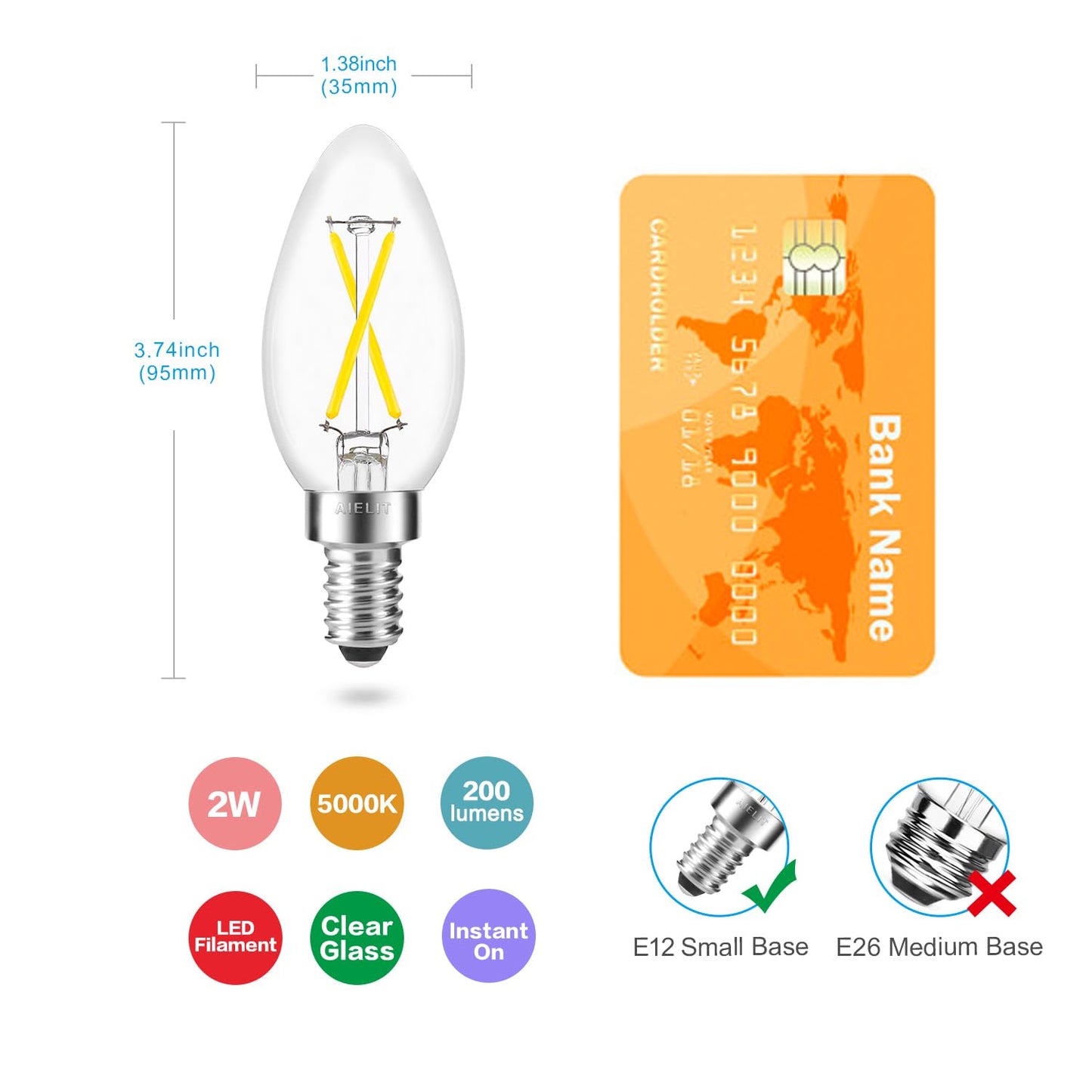 AIELIT B11 E12 LED Candelabra Bulb 25-Watt Equivalent, 5000K Daylight White, 200 Lumens, Dimmable Chandelier Light Bulb, Clear Glass, 2W Candle LED