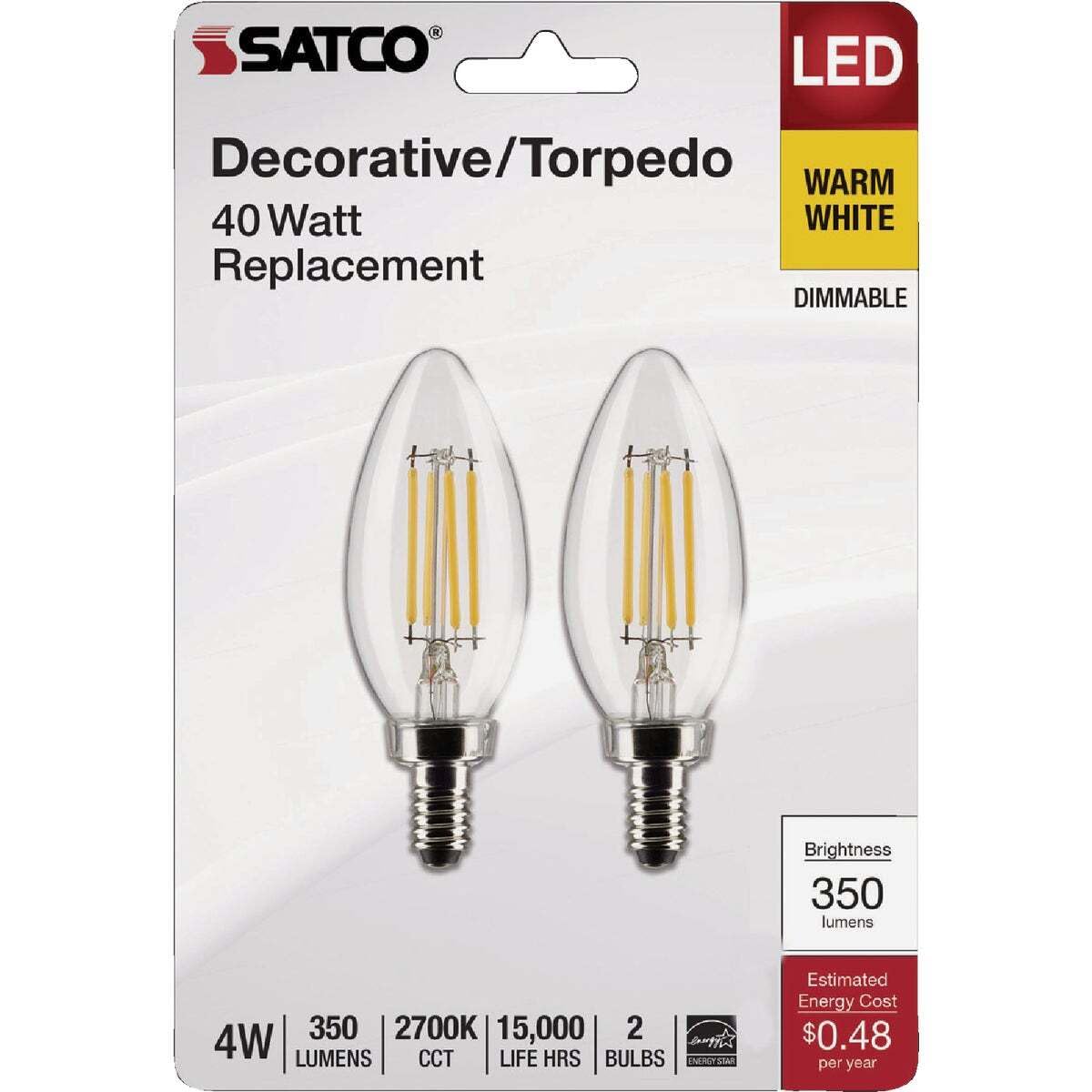 Satco S21819 4 Watt B11 LED Bulb, Clear, Candelabra Base, 2700K, 350 Lumens, 120 Volt, 2-Pack