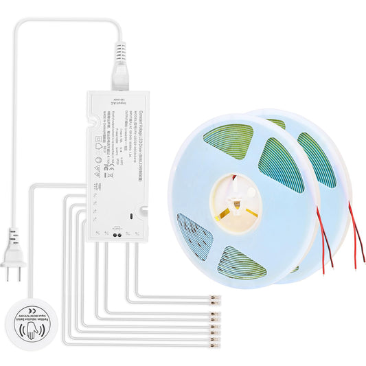 CUBITOR Under Cabinet Led Light Strip kit,2 Roll x 16.4ft Cuttable 6500K COB,Diffused Power with 8 JST & 2 Hardwired Outlets,Touch Sensor for Gun Safe