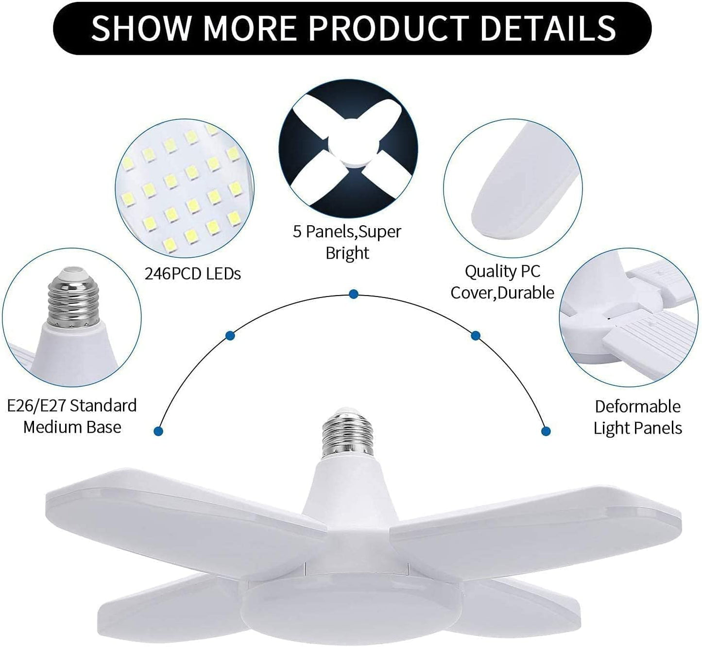 60W E27 E26 LED Bulb 120V Foldable Angle Adjustable Cold White 6500K No Flicker Superbright Lamp for Warehouse Garage Shopping Mall Lighting